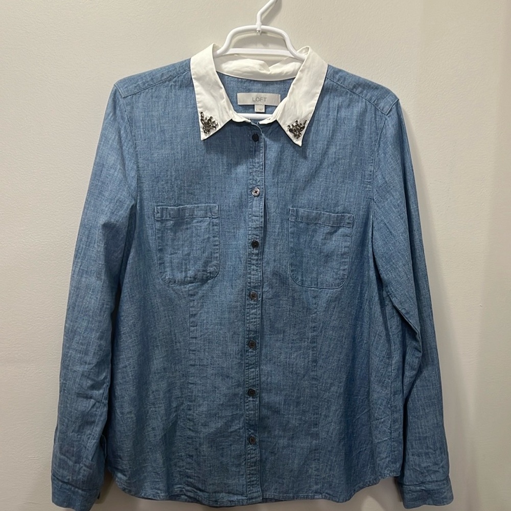 LOFT chambray shirt with jewel embellishments. Size Large. Excellent condition!